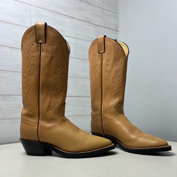 JUSTIN MULE HIDE TAN LEATHER ROUND TOE COWBOY WORK BOOTS #1122 MEN'S 7.5B - Picture 4 of 10